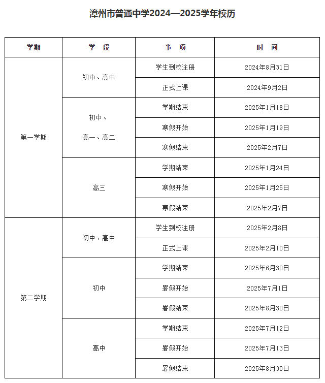 漳州市区中学校历时间表