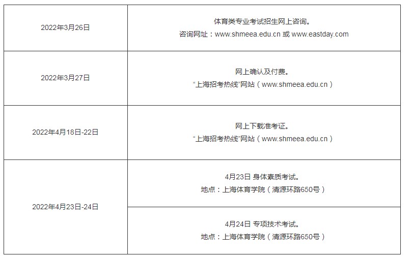 上海体育类专业考试招生工作日程